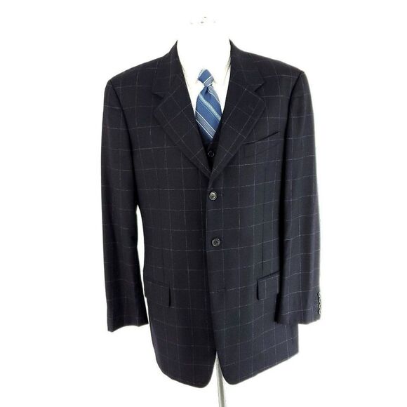 Valentino Flannel Wool Cashmere 3 Button Sport Coat W/ Vest 42L Blue Windowpane - Picture 3 of 11